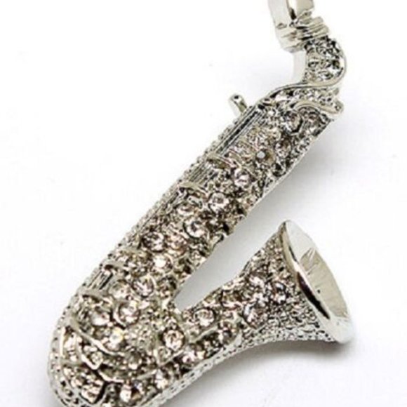 Silver Crystal Saxophone Brooch Pin Sax Jazz Musician Music Teacher Gift Plated - Picture 1 of 7